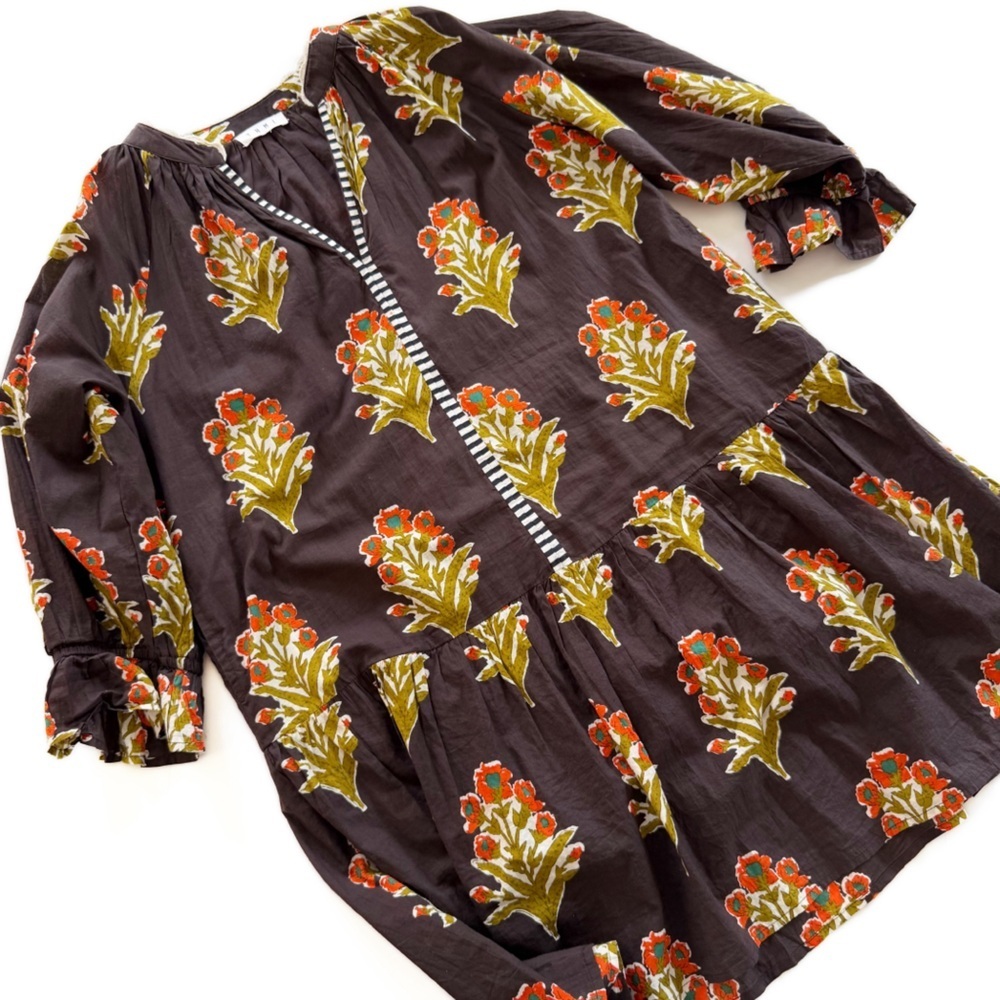 THML Evereve Dress Womens Small Indian Cotton Brown Block Print Shift Mini - Picture 2 of 8